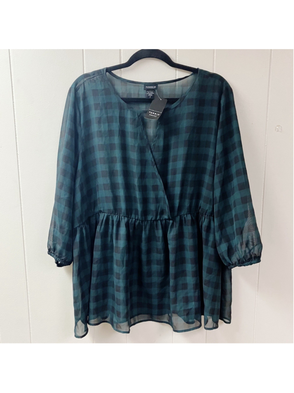 NWT $44 Torrid Gingham Chiffon Peplum Sheer Blouse SZ 2 US 2X Green Black Flowy